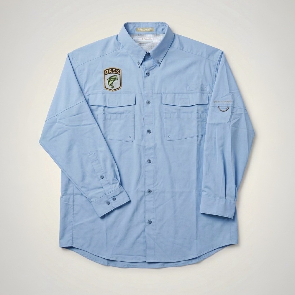 Columbia PFG Blood N Guts Shirt Men L Blue B.A.S.S. Patch Omni-Shield LS Vented